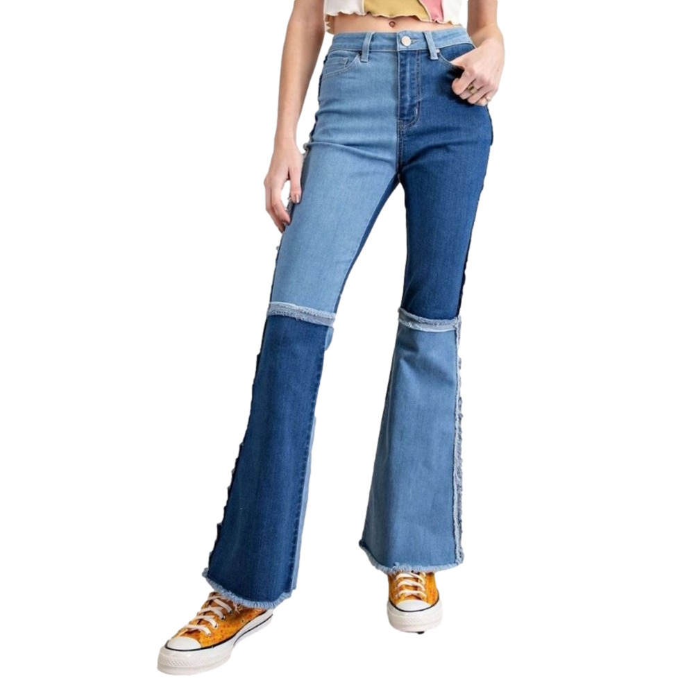 EASEL Women’s Block Denim Flare Fringe Bell Bottom Two-Tone Flare Jeans